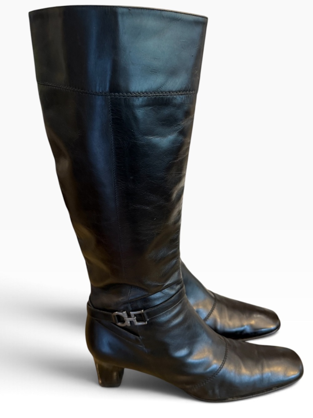 Salvatore Ferragamo Black Leather Women’s Gancini Knee High Boots 9.5 B